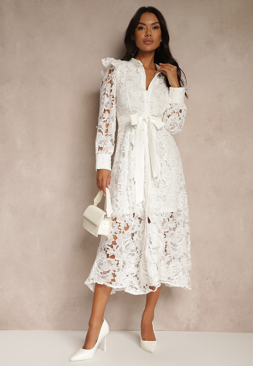 Biała Rozkloszowana Sukienka o Koszulowym Fasonie z Falbanką i Koronką Caramia