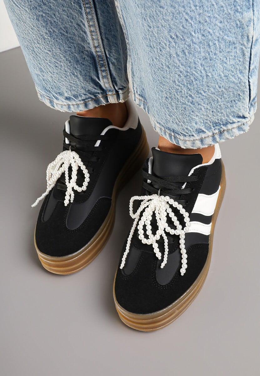 Czarne Sneakersy na Grubej Podeszwie z Ozdobnymi Odpinanymi Perłami Ajovia