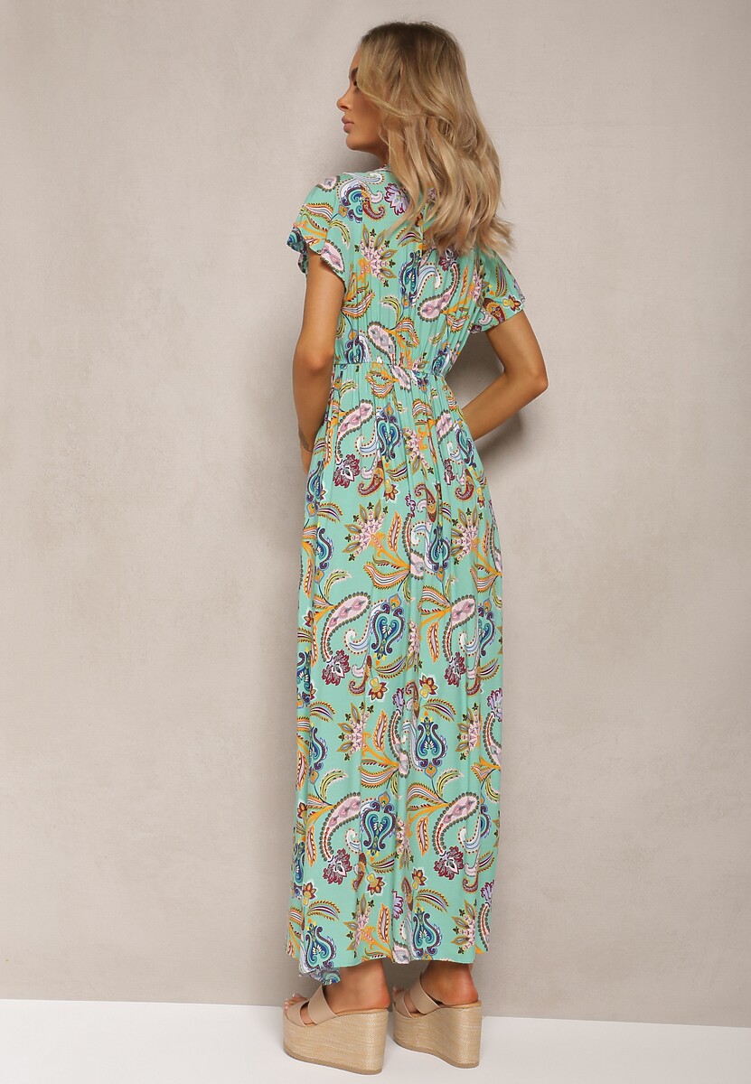 Miętowa Letnia Sukienka z Gumką w Talii z Wiskozy Ozdobiona Wzorem Paisley Uviana