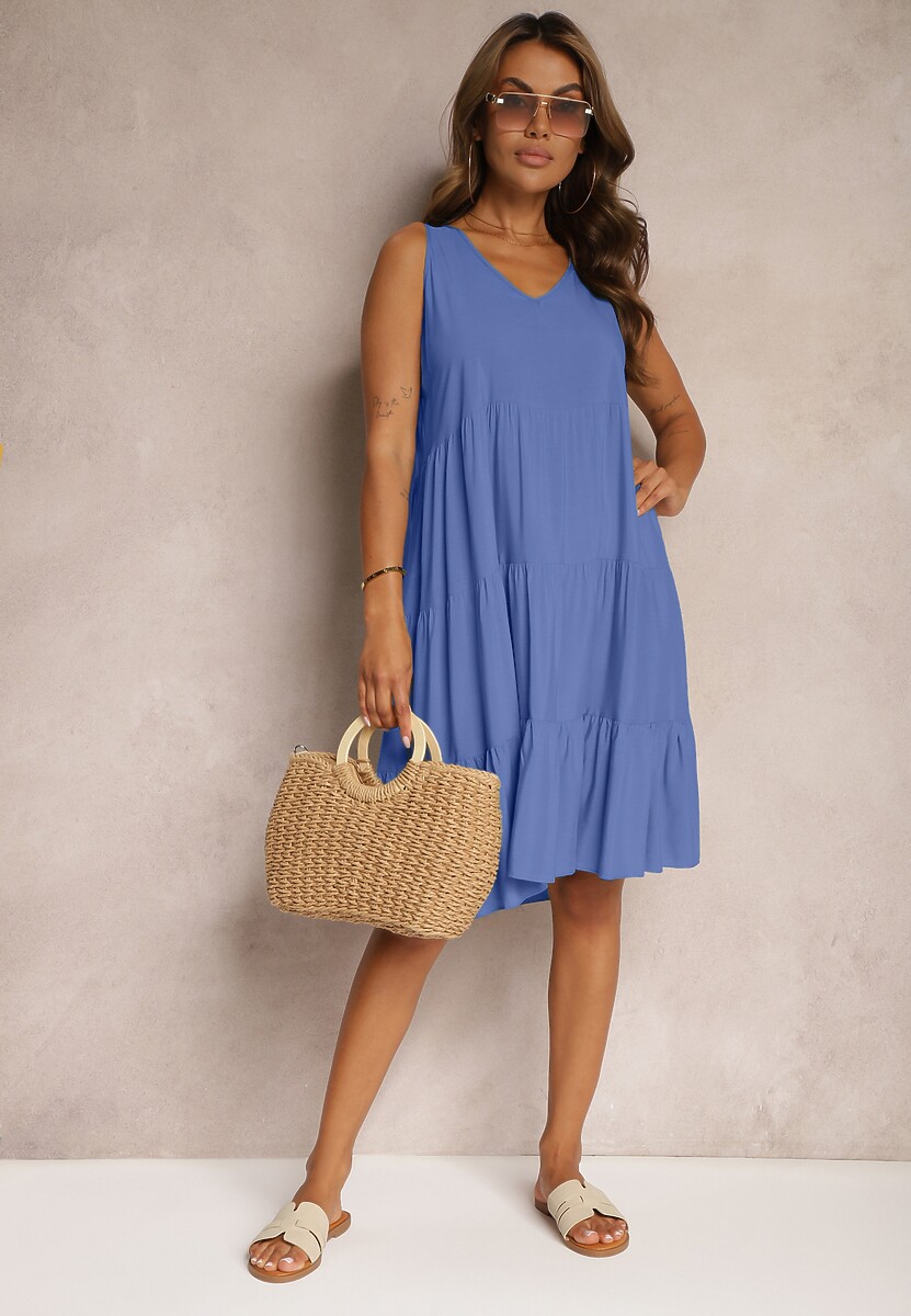 Niebieska Bawełniana Sukienka o Rozkloszowanym Kroju Bez Rękawów Gladea