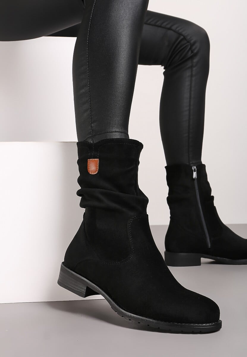 Czarne Botki  do Połowy Łydki z Imitacji Zamszu i Marszczoną Cholewką Alemiphae