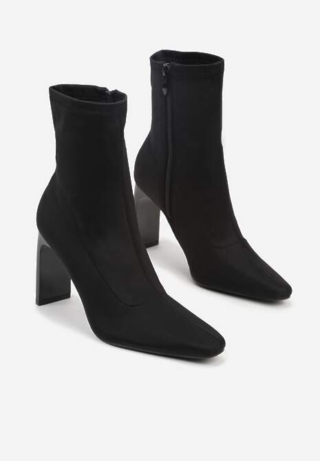 Czarne Elastyczne Botki na Słupkowym Obcasie ze Szpiczastym Noskiem Atise