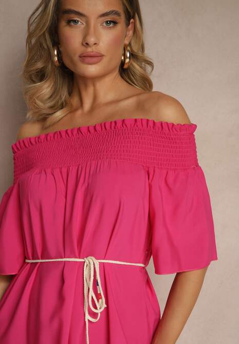 Fuksjowa Sukienka Hiszpanka z Bawełną i Wiskozą Ozdobiona Sznurkiem Lilarelle