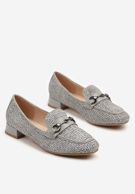 Szare Mokasyny z Wkładką ze Skóry Naturalnej Zdobione Plecionką i Aplikacją Falenitia