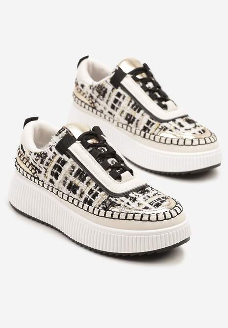 Czarno-Białe Sneakersy z Tweedowymi Zdobieniami i Przeszyciami na Platformie Ulandrelia