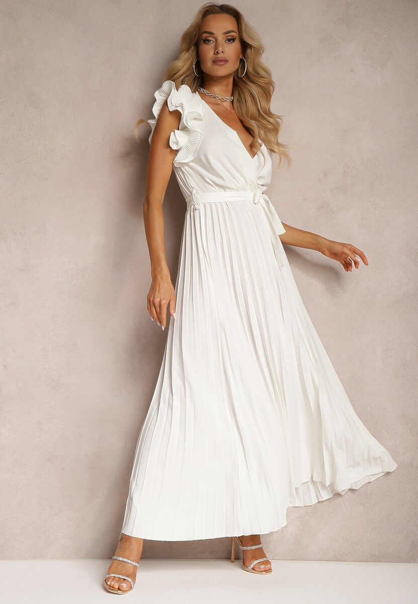 Jasnoróżowa Kopertowa Sukienka z Gumką w Pasie i Materiałowym Paskiem Ozdobiona Falbankami Tiamatalia