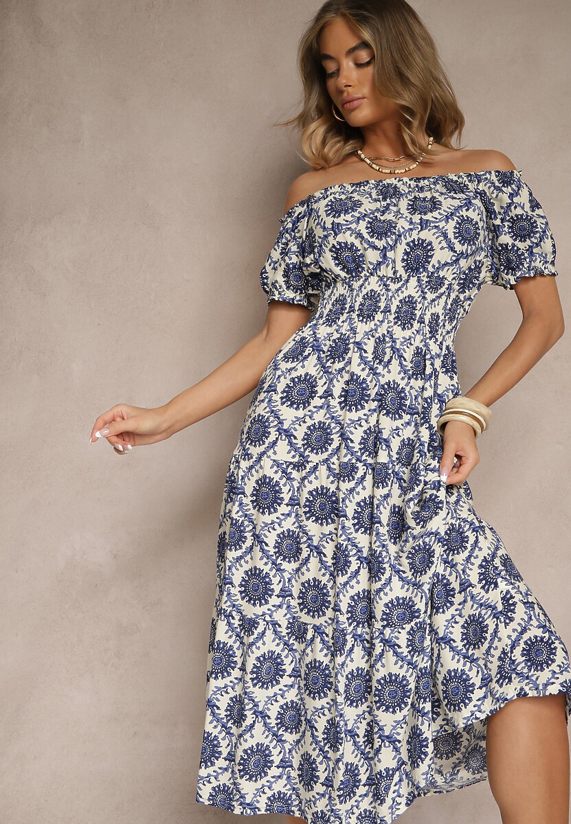 Niebieska Sukienka z Bawełną Ozdobiona Bufiastymi Rękawami Revalle