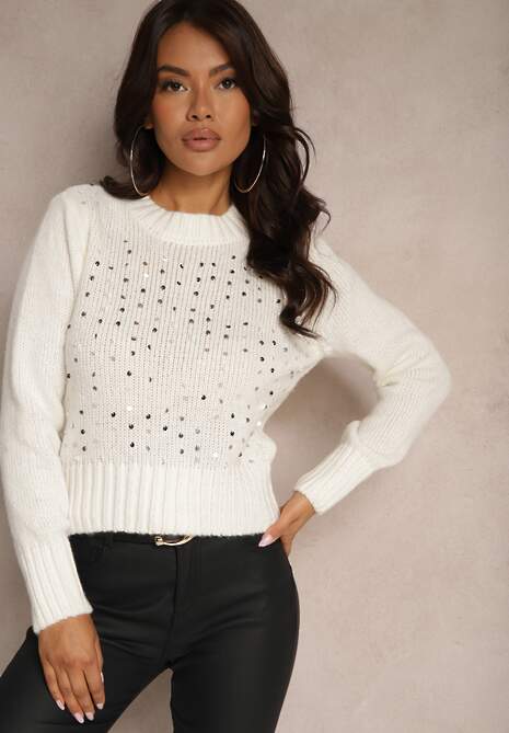 Jasnobeżowy Casualowy Sweter z Bawełną i Cekinami Savintha