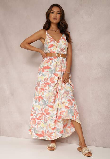 Biało-Pomarańczowa Sukienka z Paskiem Nevin