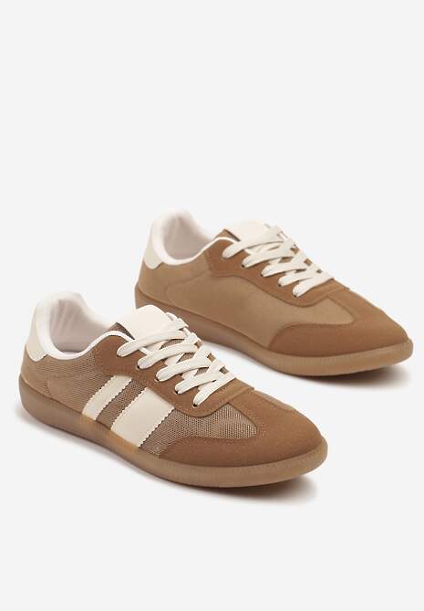 Ciemnobeżowe Sneakersy w Stylu Tenisówek Ozdobione Paskami Jenaniela