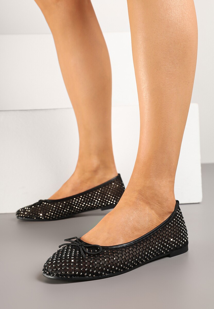 Czarne Balerinki z Siateczkową Cholewką Ozdobione Cyrkoniami i Kokardą Gizana