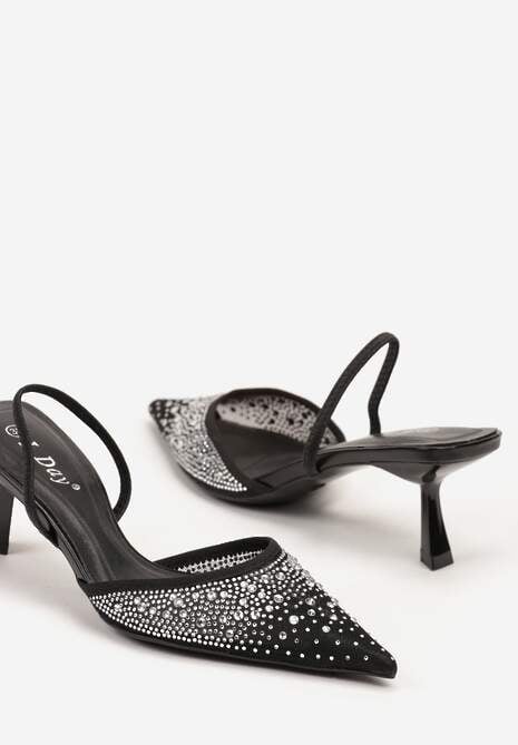 Czarne Eleganckie Sandały na Obcasie Kaczuszka Bez Pięty z Cyrkoniami Elimira