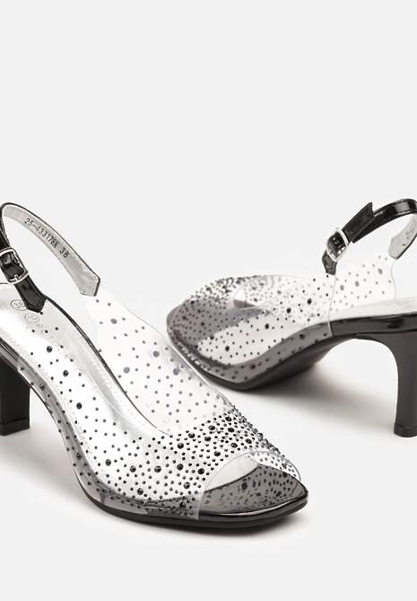 Czarne Transparentne Sandały na Obcasie z Cyrkoniami i Wkładką ze Skóry Naturalnej Evelreia