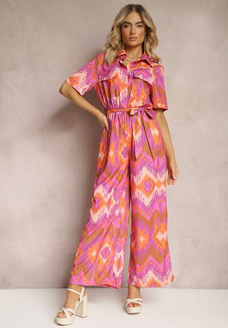 Fioletowo-Pomarańczowy Kombinezon z Koszulową Górą Gumką w Talii i Materiałowym Paskiem Tlarion