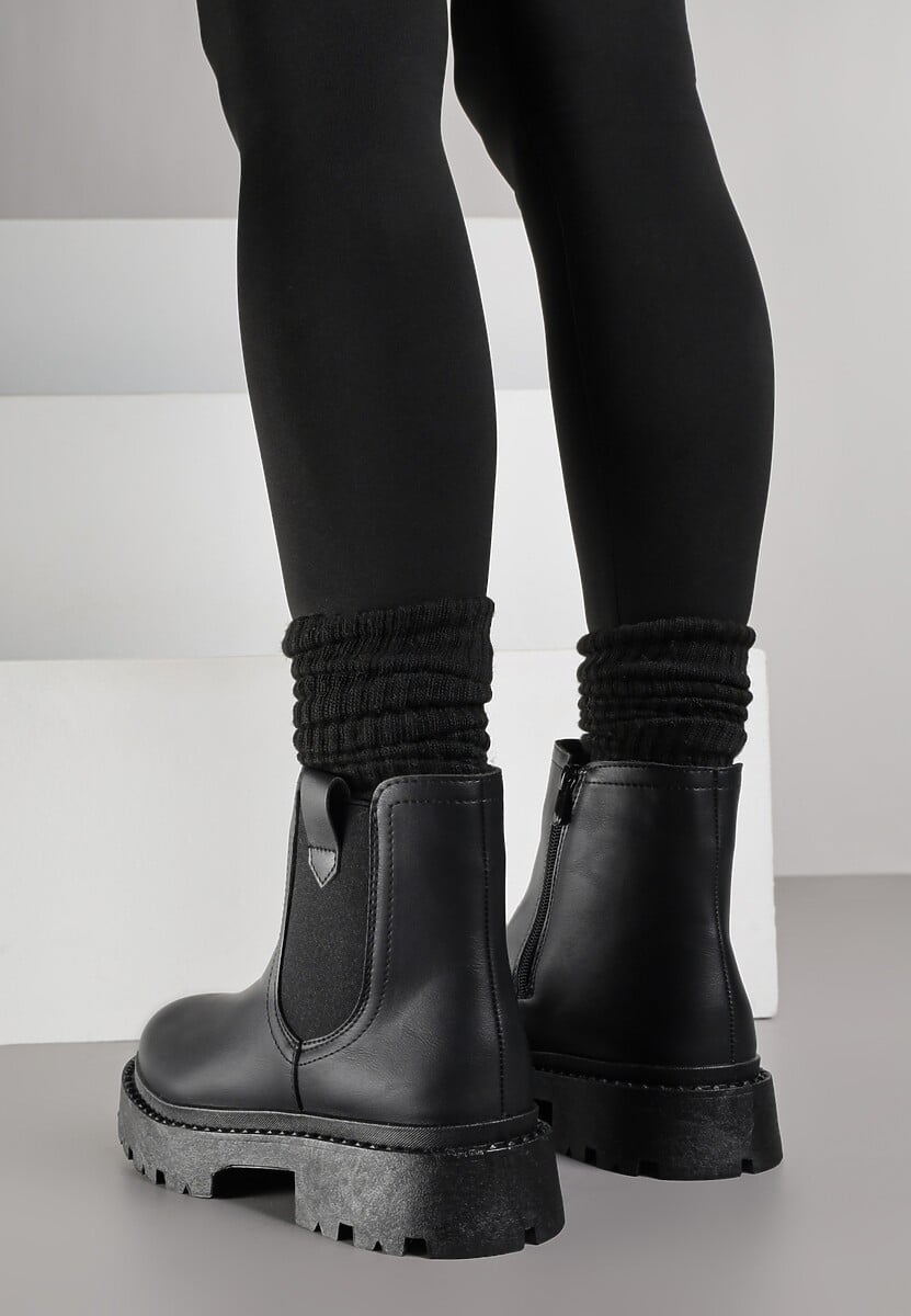 Czarne Botki Sztyblety na Grubej Podeszwie Liraelia