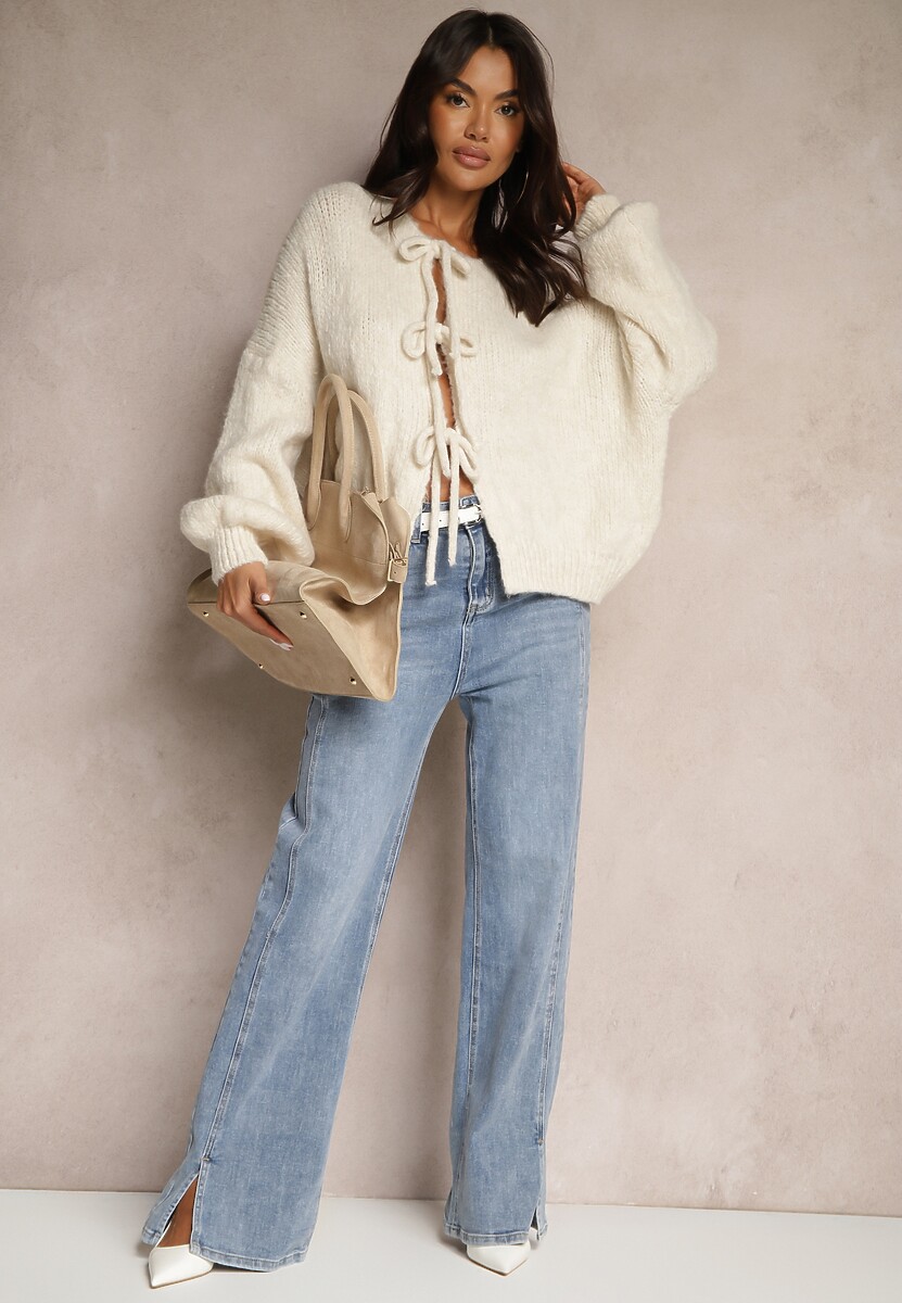 Beżowy Kardigan z Wełną o Kroju Oversize z Wiązanymi Kokardami Elearina