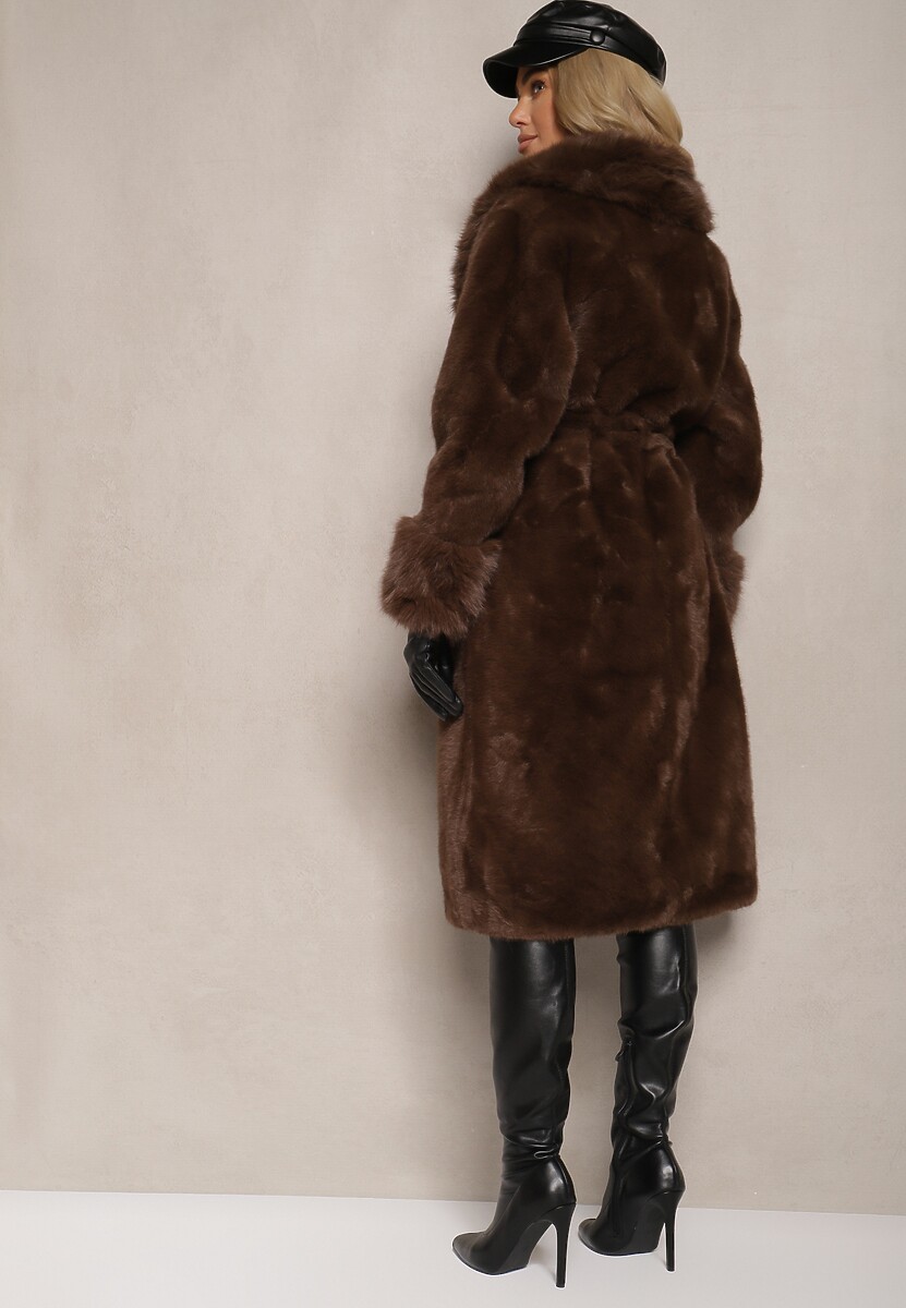 Brązowy Futrzany Płaszcz z Wiązanym Paskiem Ozdobnym Kołnierzem i Mankietami Viaressa