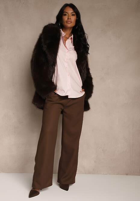 Brązowa Klasyczna Kurtka Futerko z Wąskim Wiązanym Paskiem w Talii Casfitta