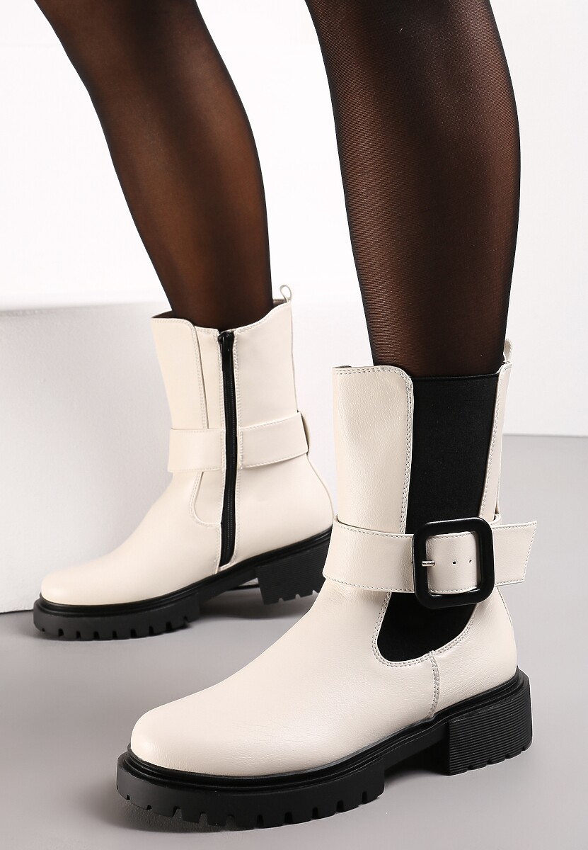 Beżowe Botki z Paskiem i Klamerką Ucheema