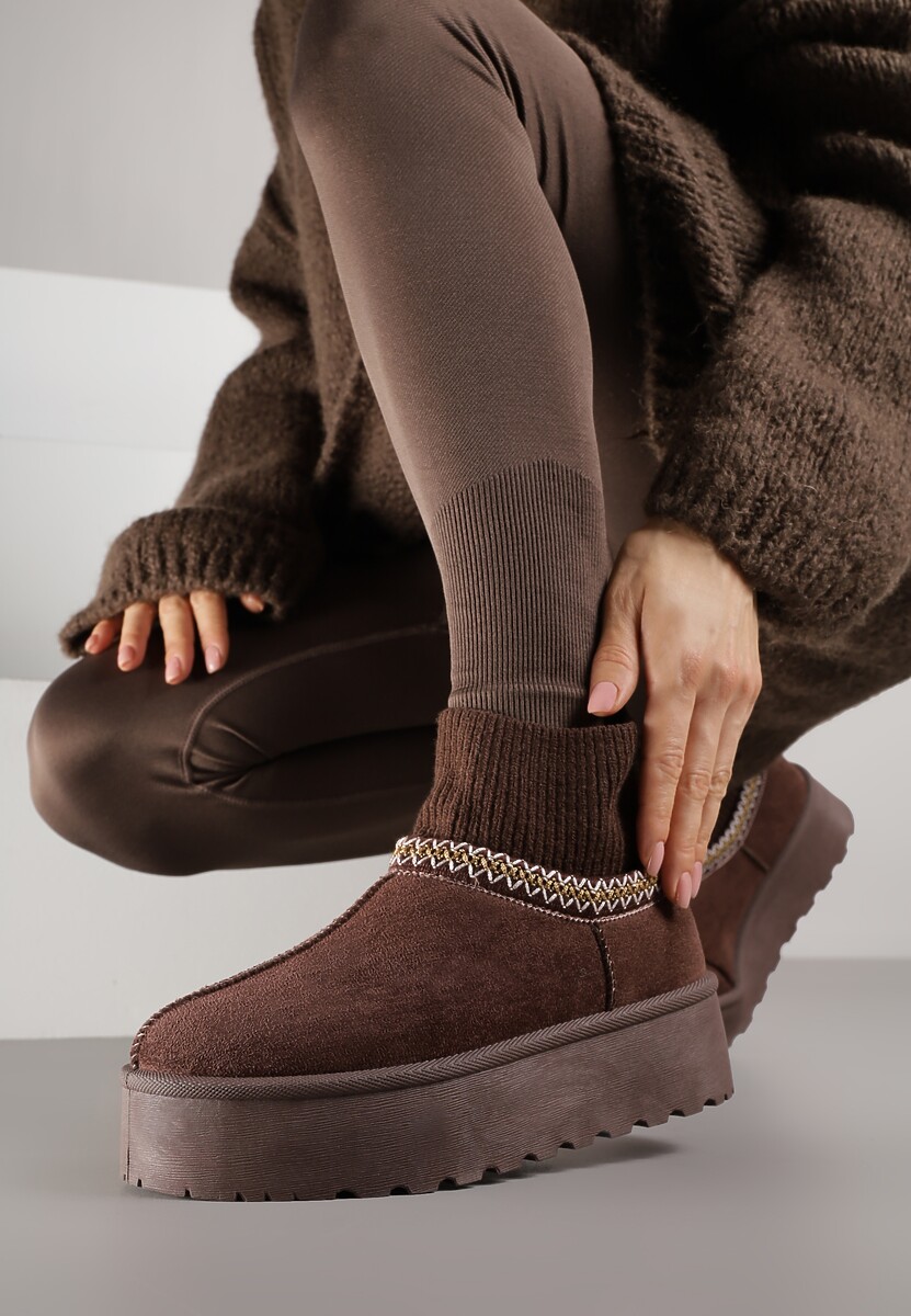 Brązowe Śniegowce VICES na Platformie ze Skarpetkową Cholewką i Haftem Ebentia