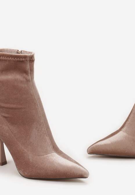 Ciemnobeżowe Botki za Kostkę na Szpilce ze Szpiczastym Noskiem Amorlar