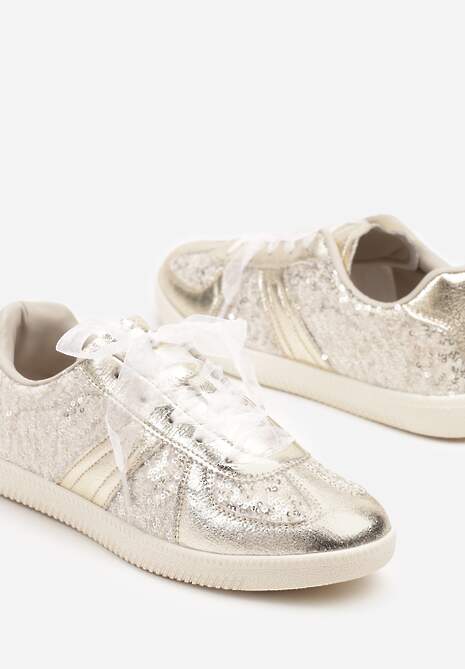 Złote Cekinowe Sneakersy z Wkładką ze Skóry Naturalnej Polwia