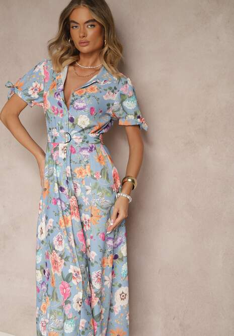 Jasnoniebieska Koszulowa Sukienka w Kwiaty o Rozkloszowanym Fasonie z Paskiem Fevalirra