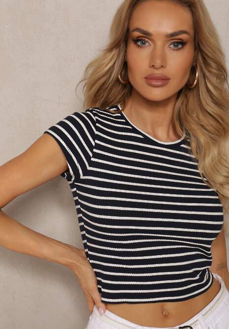 Granatowy Prążkowany T-shirt z Bawełny o Krótkim Kroju Zolira