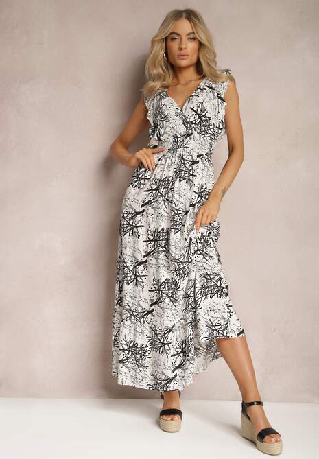 Biała Rozkloszowana Sukienka z Wiskozy Maxi z Kopertowym Dekoltem Luksia