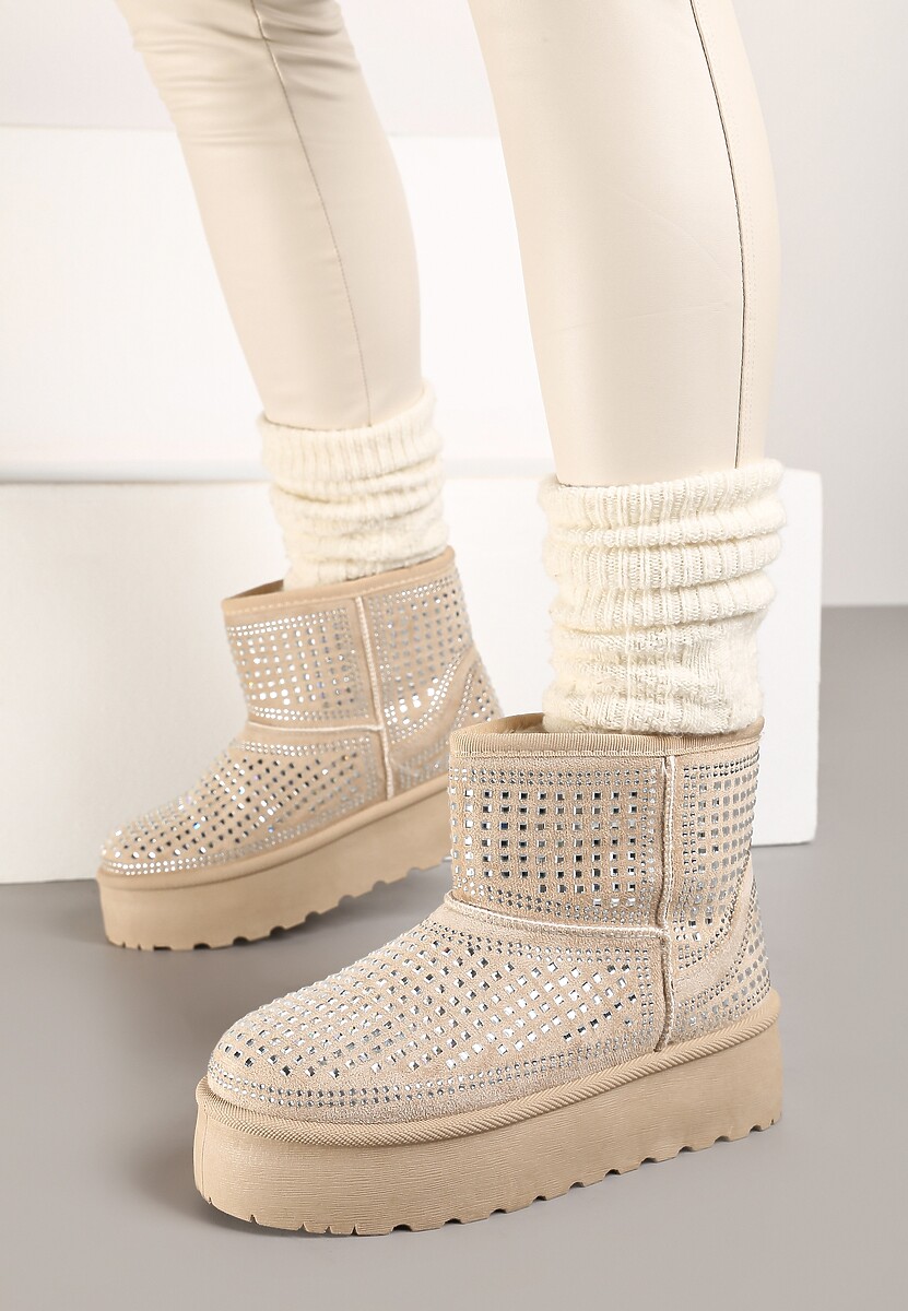 Beżowe Śniegowce na Platformie Ozdobione Cyrkoniami Beriga