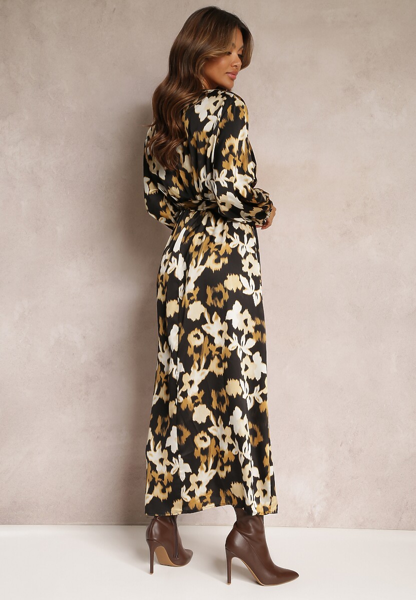 Czarna Sukienka Maxi w Kwiaty z Kopertową Górą i Paskiem Samahine
