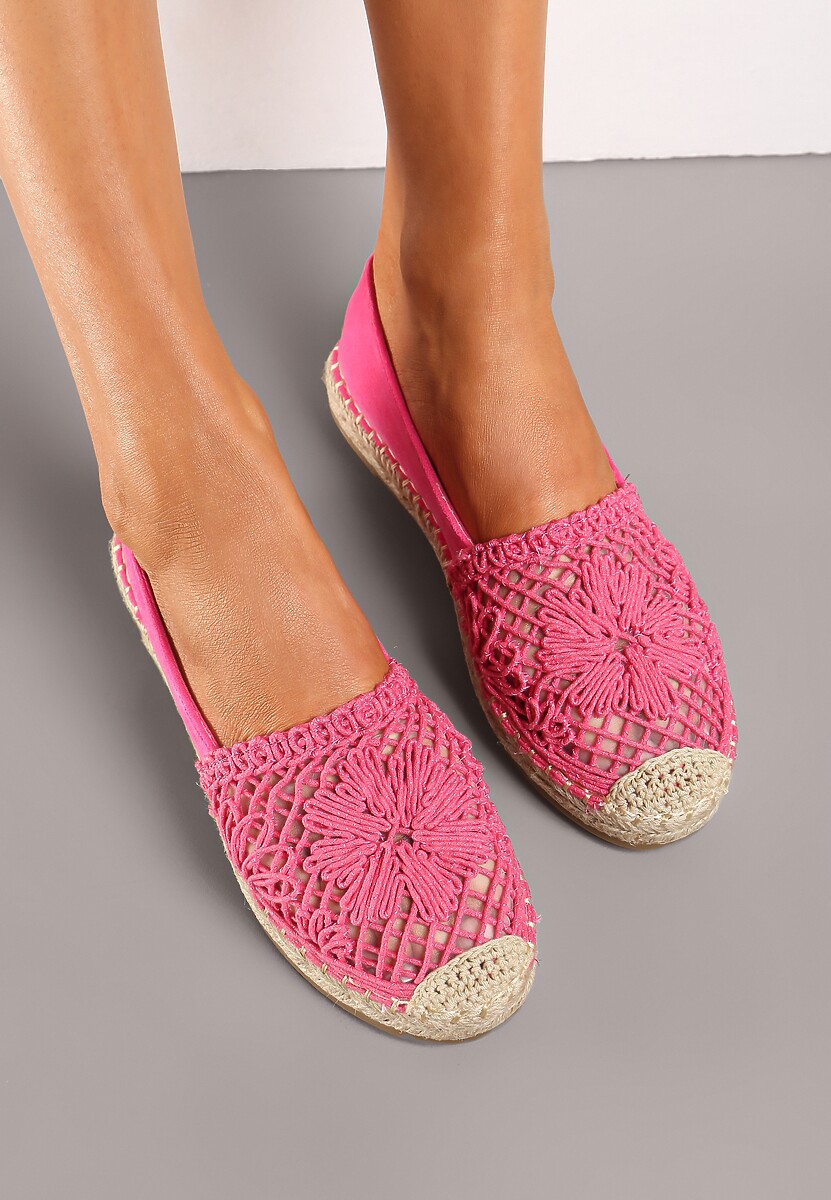 Fuksjowe Płaskie Espadryle z Ażurową Wstawką na Nosku i Plecioną Podeszwą Rowenas