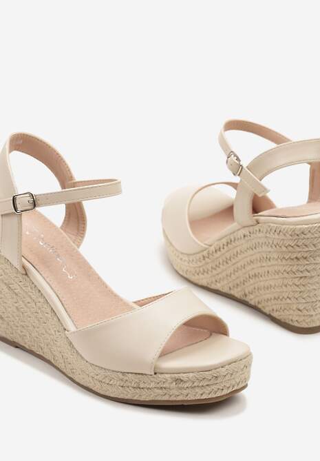 Beżowe Sandały na Plecionym Koturnie z Wkładką ze Skóry Naturalnej Devaraie