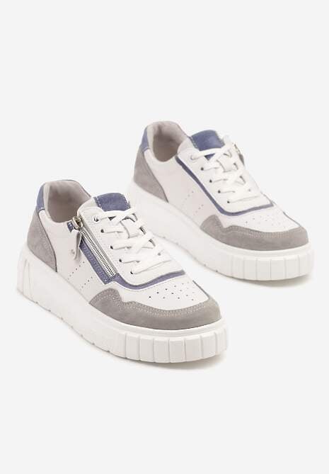 Biało-Szare Sneakersy ze Skóry Naturalnej z Ozdobnym Suwakiem Tilliraya