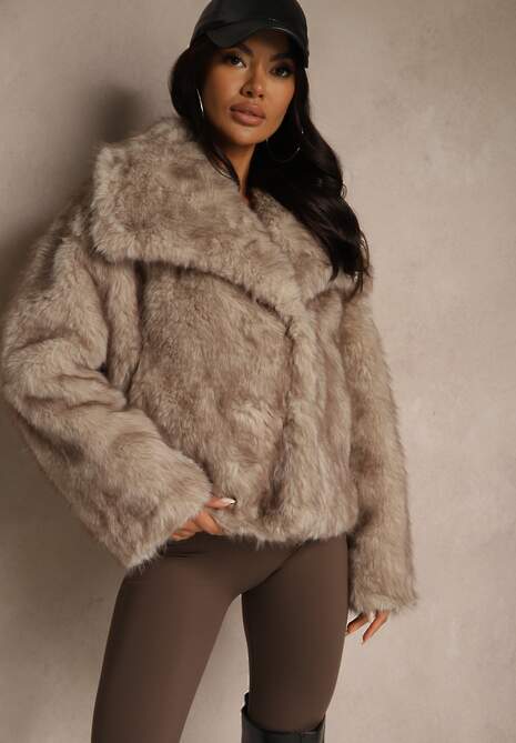 Beżowa Futerkowa Kurtka Dwurzędowa z Szerokim Kołnierzem Fesandrea