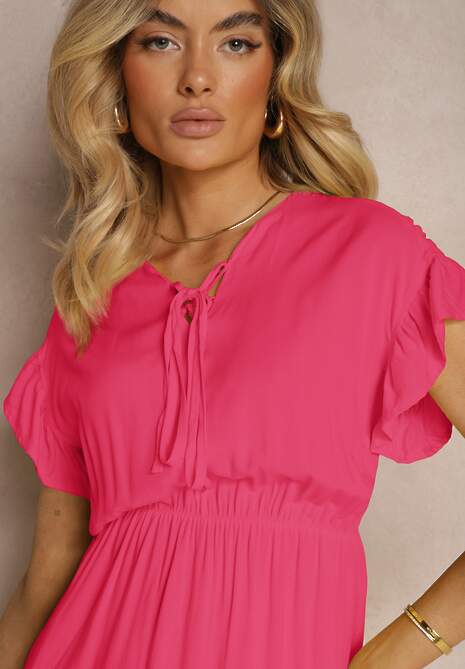 Fuksjowa Sukienka Wiązana Materiałowym Paskiem z Gumką w Talii i Falbanką Tiamari