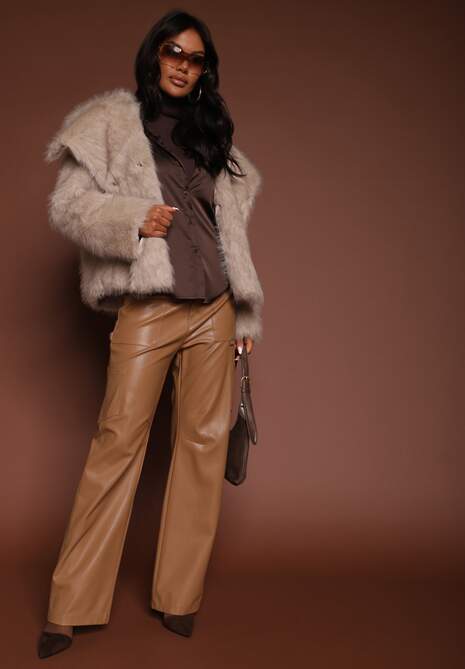 Ciemnobeżowe Spodnie z Imitacji Skóry Szerokie Narash