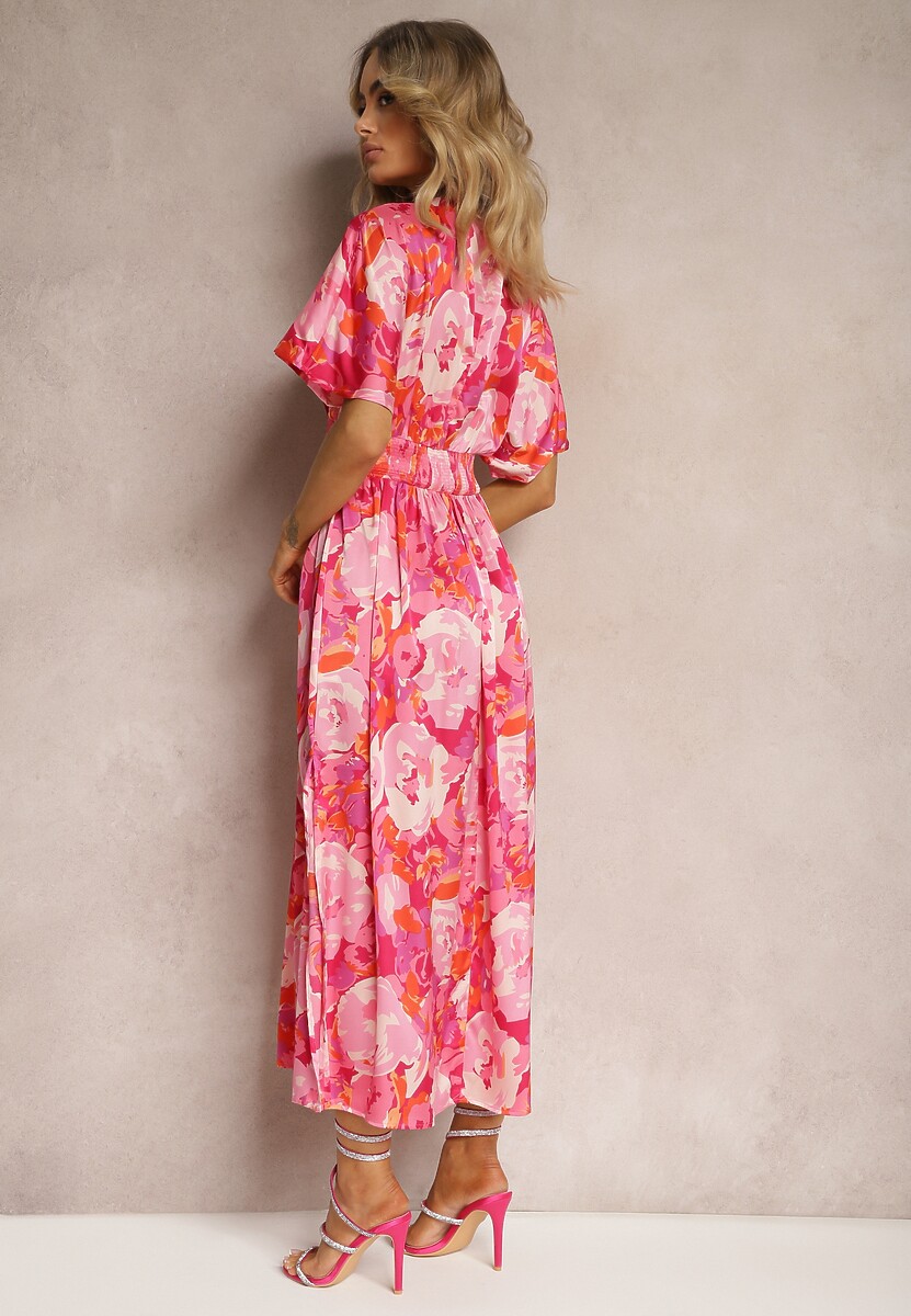 Różowa Satynowa Sukienka z Kopertową Górą Luźnymi Rękawami i Rozkloszowanym Krojem Karlemia