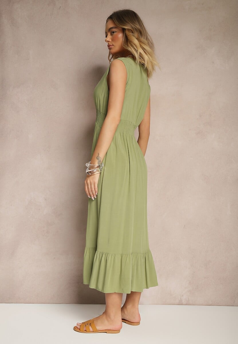 Zielona Kopertowa Sukienka z Wiskozy Zdobiona Falbanką Ularisela