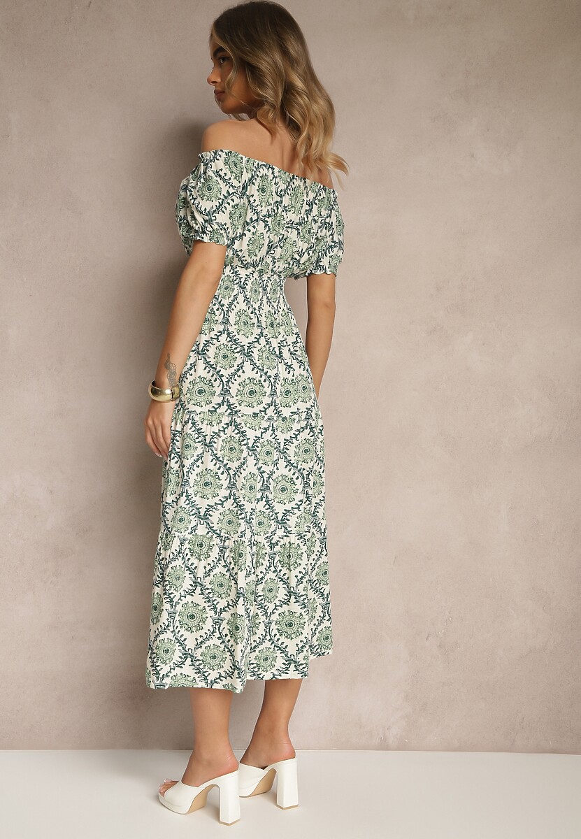 Zielona Sukienka z Bawełną Ozdobiona Bufiastymi Rękawami Revalle