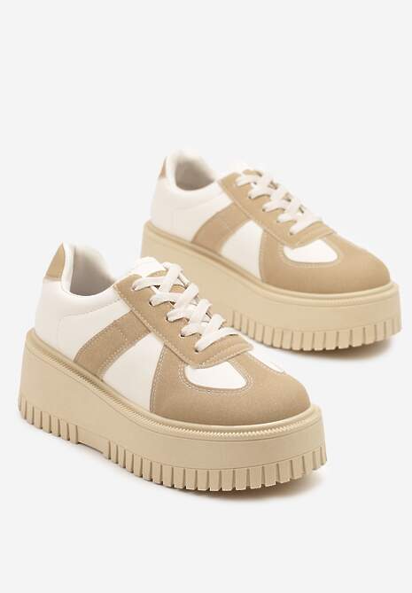 Ciemnobeżowe Sneakersy na Platformie Ozdobione Paskiem Vivesse