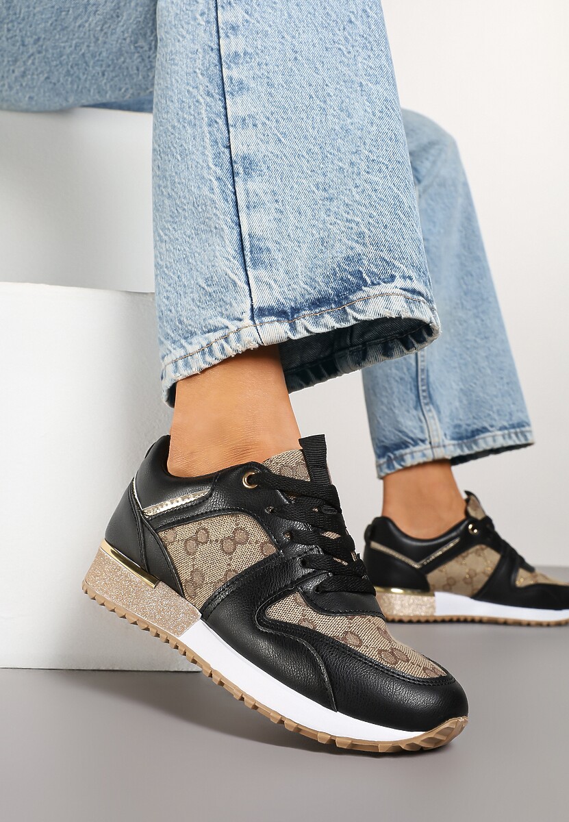 Czarno-Brązowe Sneakersy Ozdobione Metaliczną Aplikacją i Przeszyciami Soltia