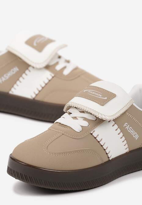 Ciemnobeżowe Sneakersy na Platformie z Kontrastującymi Detalami i Wywiniętym Językiem Amirila