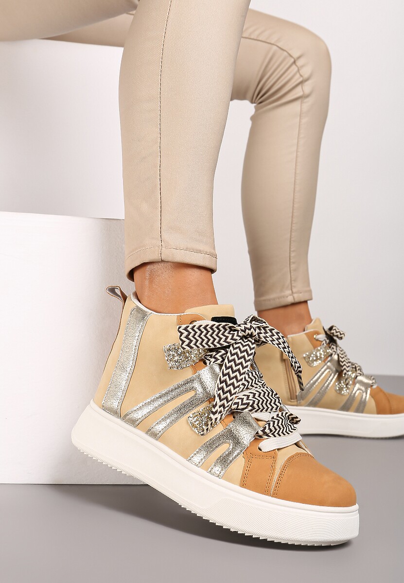 Beżowe Streetwearowe Sneakersy na Grubej Podeszwie Ozdobione Kontrastowymi Wstawkami Kaittane