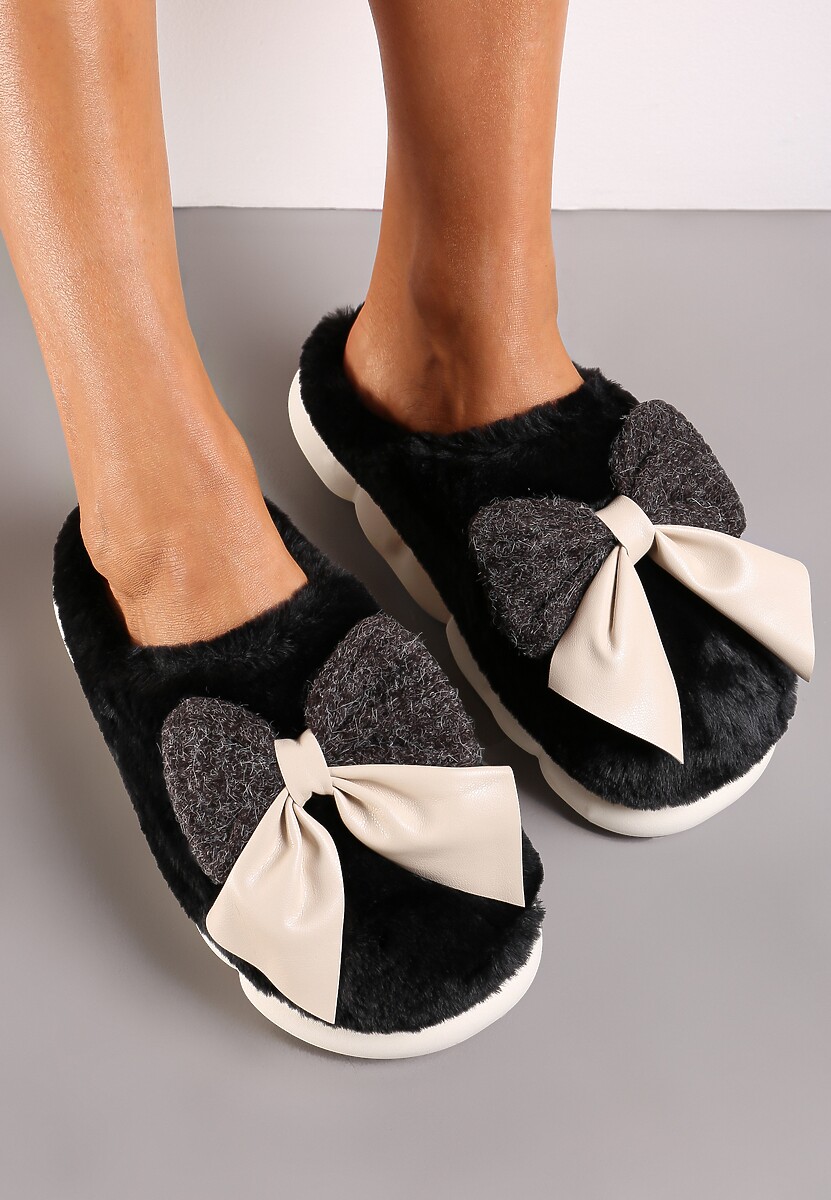 Czarne Futrzane Kapcie Zimowe Ozdobione Kokardką Saceta