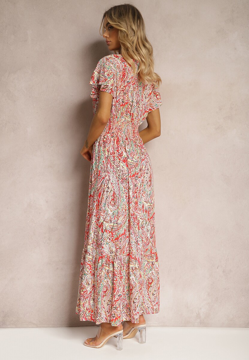 Czerwona Sukienka Boho z Metaliczną Nicią Kopertowym Dekoltem i Gumką w Talii Dilaria
