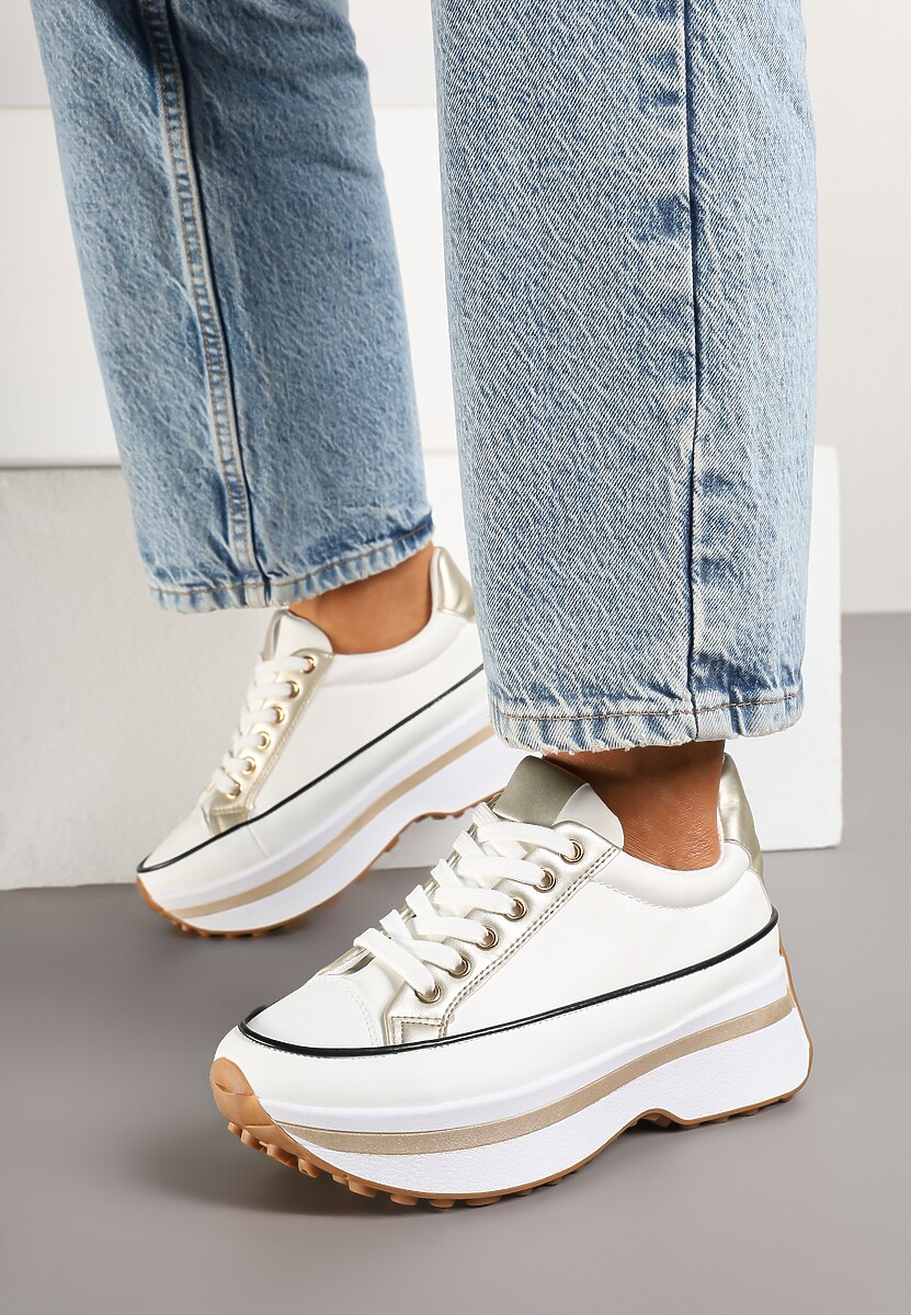 Biało-Złote Sneakersy na Tłoczonej Platformie w Streetwearowym Stylu Hanerith