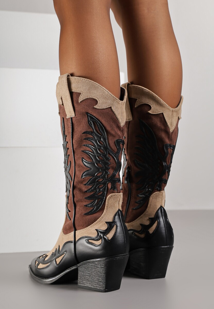 Czarne Botki Kowbojki na Stożku z Tłoczoną Cholewką Badilora