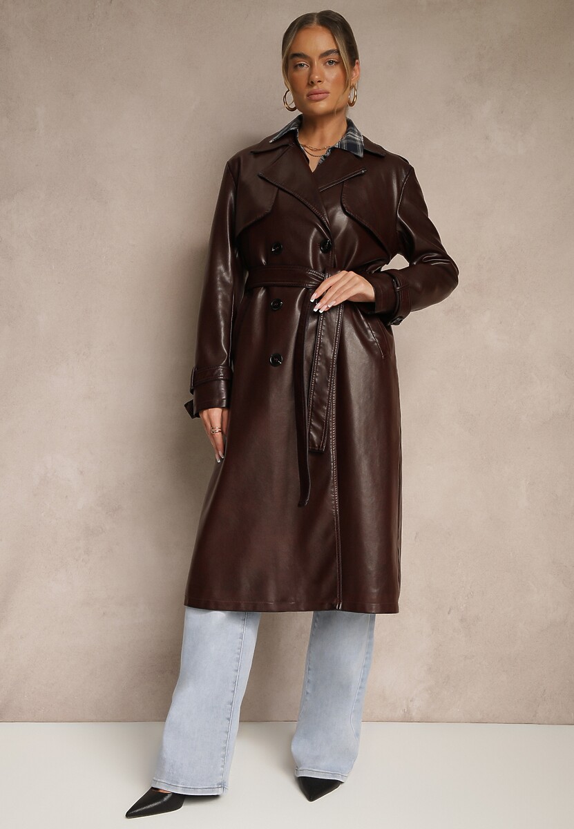 Bordowy Płaszcz Trencz z Imitacji Skóry o Dwurzędowym Fasonie z Paskiem Davialia