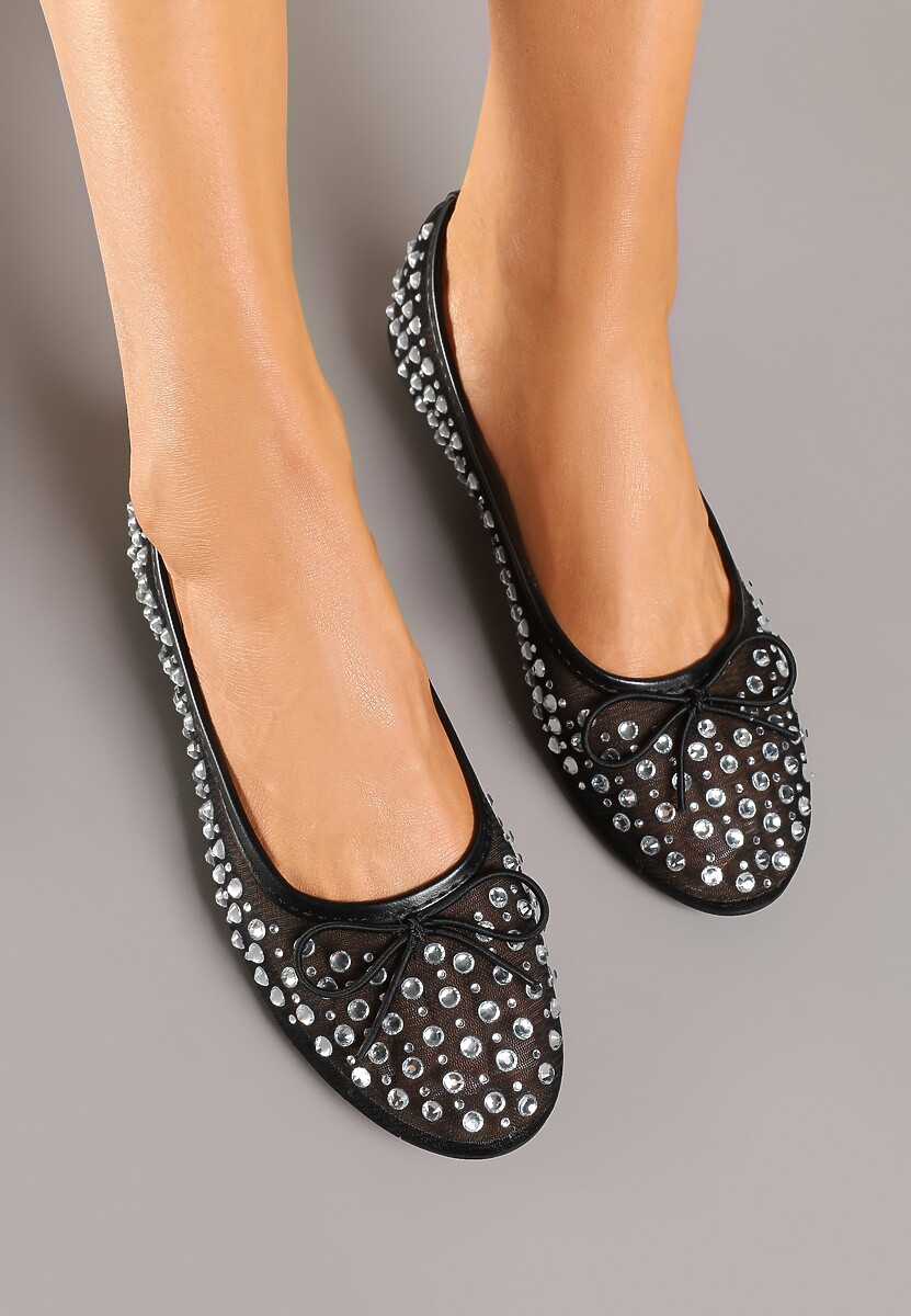 Czarne Siateczkowe Balerinki Zdobione Cyrkoniami i Kokardką Revia